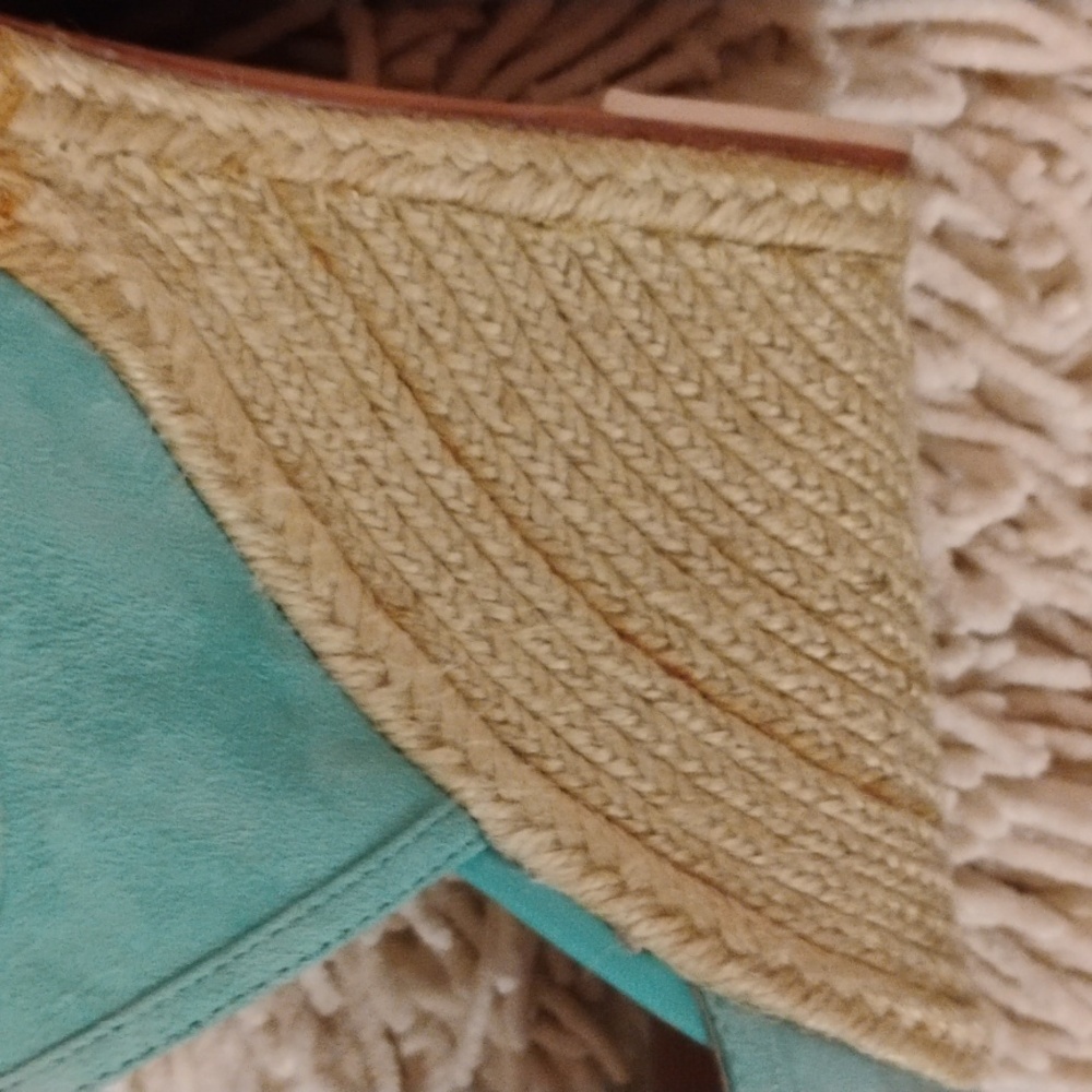 Trina Turk Turquoise Suede Leather Lace up Ankle Wrap Wedge Sandals - Picture 9 of 12